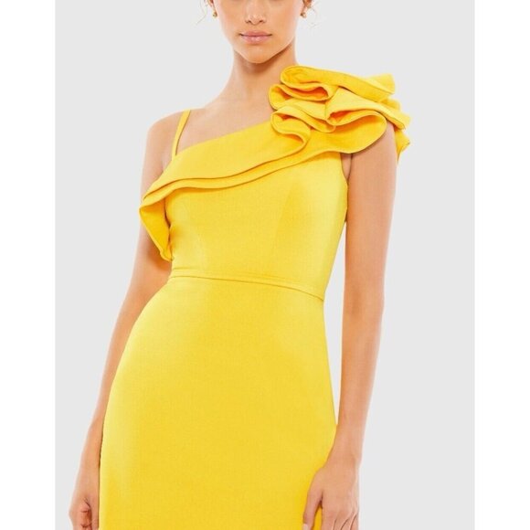 Mac Duggal Size 0 Yellow One Shoulder Ruffle Mini Sheath Cocktail Dress New - Picture 3 of 12